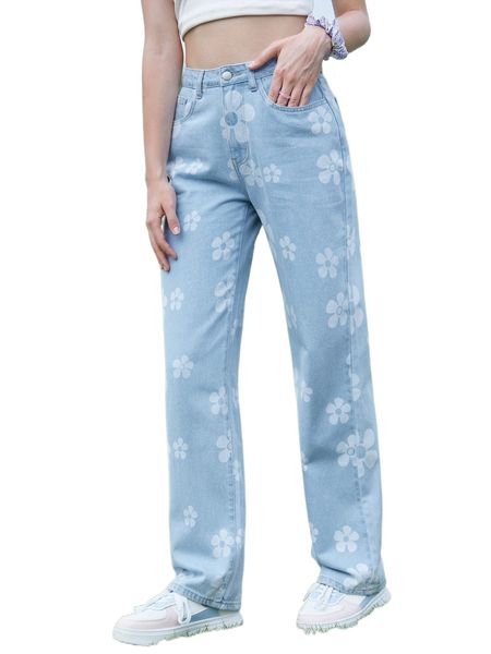 mod floral print straight leg jeans c6bb#, Blue 
mod floral print straight leg jeans c6bb#, Blue