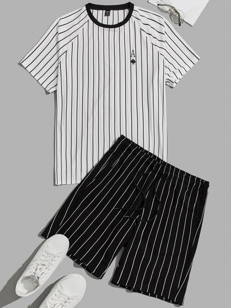 men striped letter graphic tee & drawstring waist shorts set 41vs#, Gray
men striped letter graphic tee & drawstring waist shorts set 41vs#, Gray