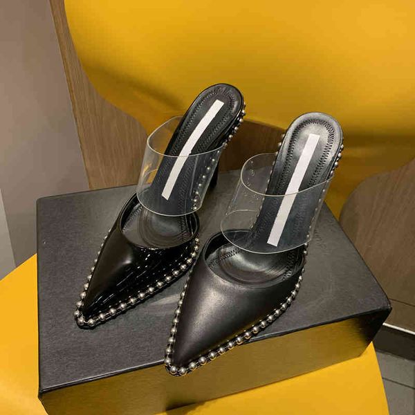 2022 new high heels women's metal bead film pointed baotou slippers patent leather thin heel back empty sandals women, Black
2022 new high heels women's metal bead film pointed baotou slippers patent leather thin heel back empty sandals women, Black
