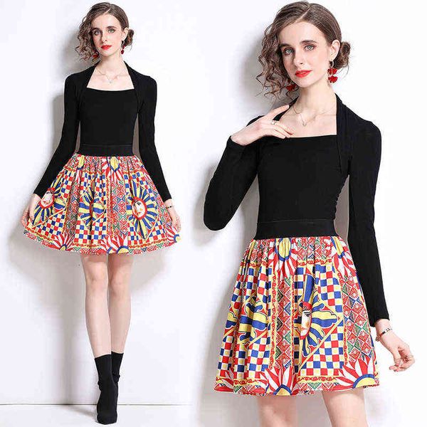 luxury designer women's dresses french hanging neck slim long sleeve t-shirt + printed skirt two piece set, Black;gray
luxury designer women's dresses french hanging neck slim long sleeve t-shirt + printed skirt two piece set, Black;gray