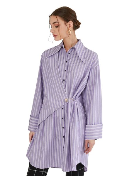 vertical striped safety pin detail drop shoulder blouse v3ct#, White