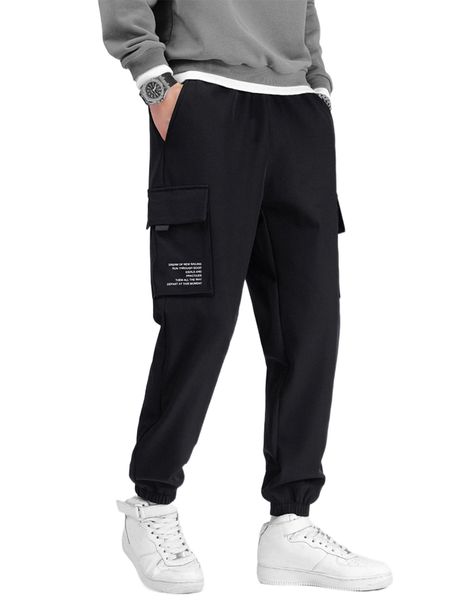 men letter graphic flap pocket pants n758#, Black