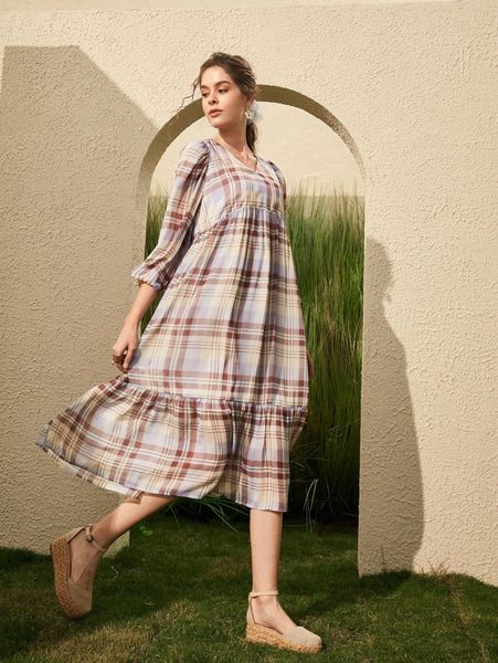 plaid print lantern sleeve ruffle hem dress z9gg#, Black;gray
plaid print lantern sleeve ruffle hem dress z9gg#, Black;gray