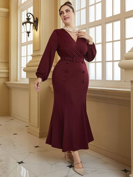 plus lantern sleeve mermaid hem belted dress p4l9#, Black
plus lantern sleeve mermaid hem belted dress p4l9#, Black