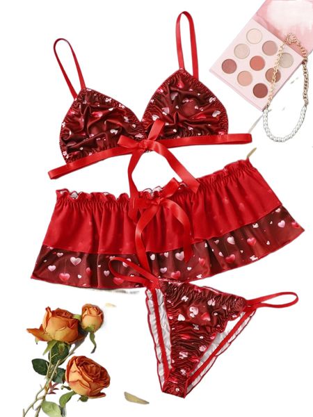 3pack plus heart pattern bow decor lingerie set & skirt 55h0#, Black;white