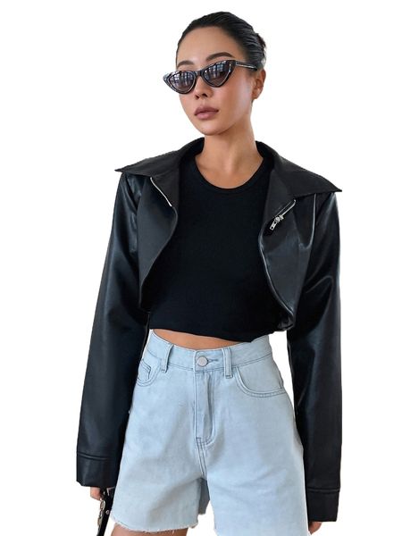 dazy asymmetrical hem pu crop jacket t7gl#, Black;brown