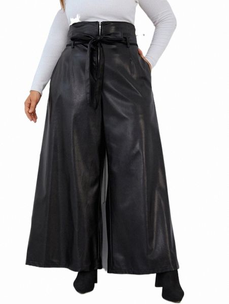 plus high waist belted pu leather wide leg pants f4h1#, Black