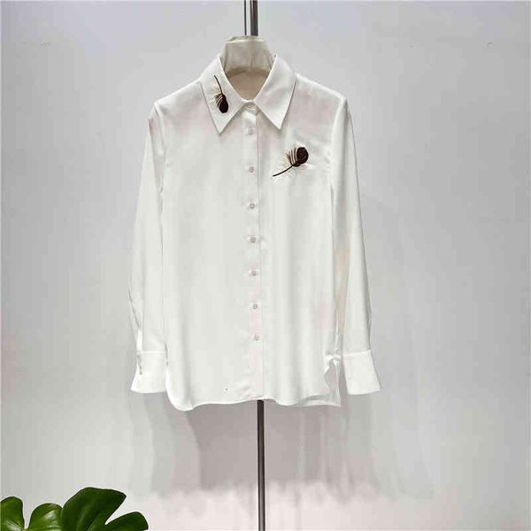 women's polos spring style penny end temperament feather embroidery versatile lapel long sleeve blouse, White 
women's polos spring style penny end temperament feather embroidery versatile lapel long sleeve blouse, White