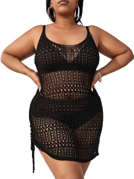 plus hollow out drawstring side cover up dress without bikini set w9em#, Black
plus hollow out drawstring side cover up dress without bikini set w9em#, Black