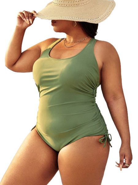 plus crisscross back drawstring tie side one piece swimsuit d4ga#, White;black