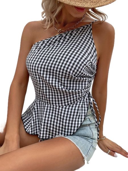 gingham drawstring side one shoulder asymmetrical hem blouse t4rc#, White
gingham drawstring side one shoulder asymmetrical hem blouse t4rc#, White