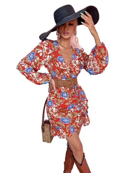 floral print bishop sleeve drawstring ruffle hem dress without belt e0hs#, Black;gray
floral print bishop sleeve drawstring ruffle hem dress without belt e0hs#, Black;gray