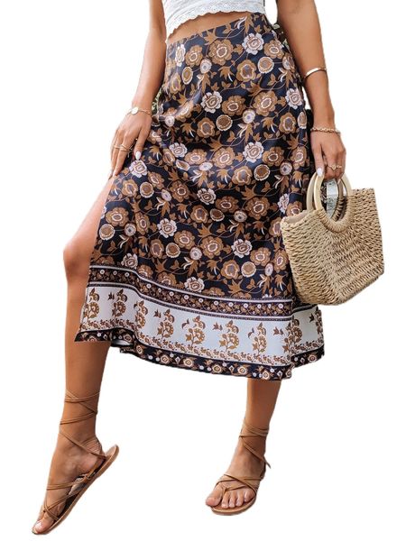 all over floral print split hem skirt r2ed#, Black
all over floral print split hem skirt r2ed#, Black