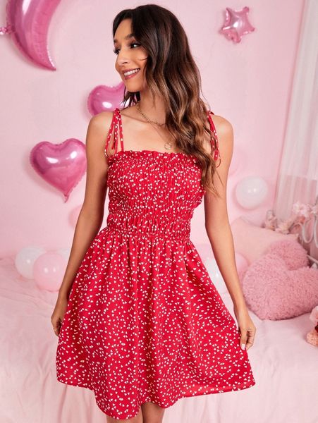 knot strap frill trim shirred bodice heart print cami dress 81ph#, Black;gray 
knot strap frill trim shirred bodice heart print cami dress 81ph#, Black;gray