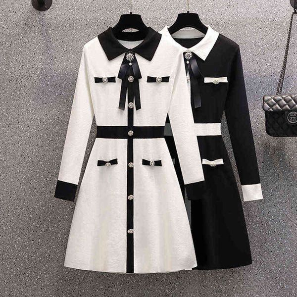 small fragrance fall winter knitted sweater dress women bow tie buttons vintage party mini dress elegant casual chic robe femme y220401, Black;gray
small fragrance fall winter knitted sweater dress women bow tie buttons vintage party mini dress elegant casual chic robe femme y220401, Black;gray
