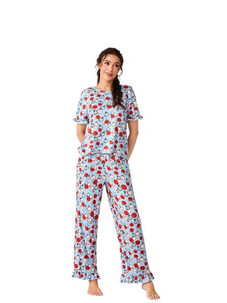fruit print flounce sleeve pj set a2yp#, Black;red 
fruit print flounce sleeve pj set a2yp#, Black;red