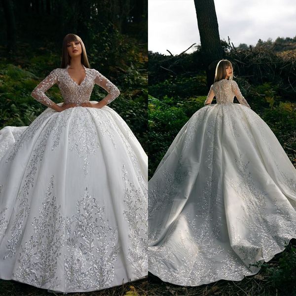 princess ball gown wedding dresses long sleeves v neck sequins appliques lace ruffles floor length embroidery bridal gown vintage plus size, White
princess ball gown wedding dresses long sleeves v neck sequins appliques lace ruffles floor length embroidery bridal gown vintage plus size, White