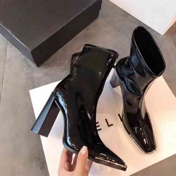 boots patent leather short boots women's high heels thick versatile spring martin middle tube elastic knight, Black
boots patent leather short boots women's high heels thick versatile spring martin middle tube elastic knight, Black