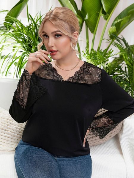 plus contrast lace scallop trim blouse a1ms#, Black