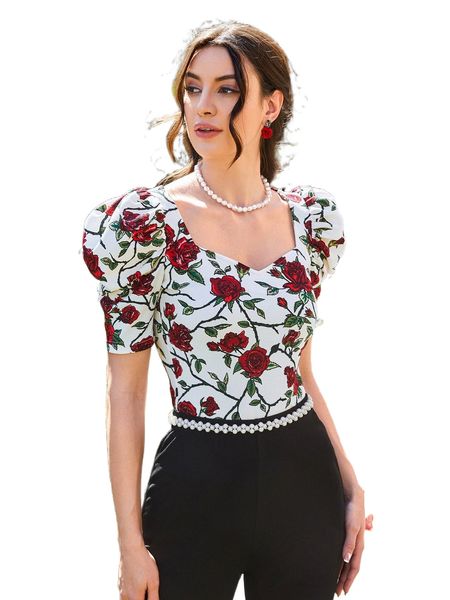floral print puff sleeve sweetheart neck tee o9h9#, White