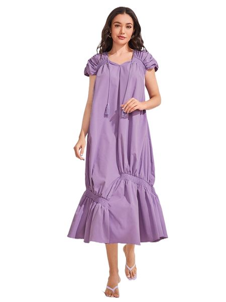 tie front ruffle hem shirred dress 74ft#, Black;gray
tie front ruffle hem shirred dress 74ft#, Black;gray