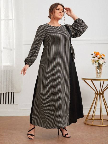 plus lantern sleeve knot side striped panel colorblock tunic dress d9xp#, Black 
plus lantern sleeve knot side striped panel colorblock tunic dress d9xp#, Black