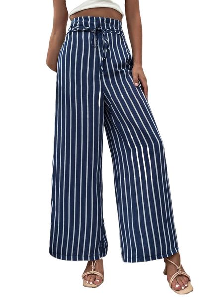 high waist vertical striped belted wide leg pants n1fe#, Black;white