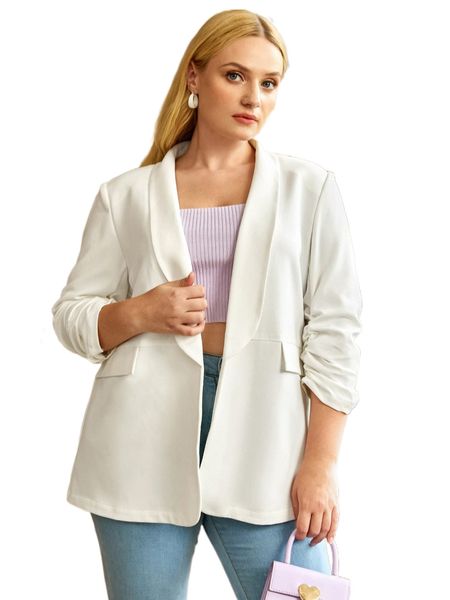 plus shawl collar ruched cuff blazer p8lj#, Black