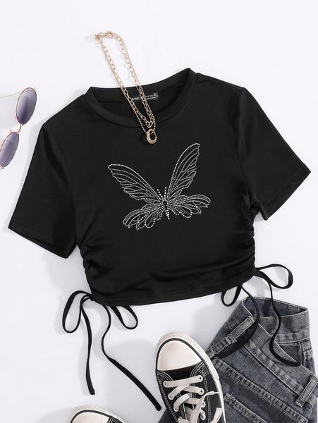 drawstring side butterfly print tee i7ol#, White