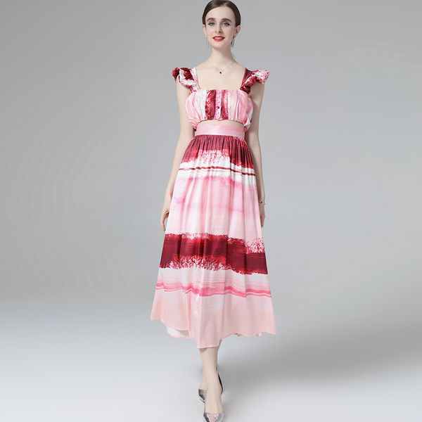 women's runway two pice dresses spaghetti straps ruffles short blouse with printed skirts fashion designer twinsets, White
women's runway two pice dresses spaghetti straps ruffles short blouse with printed skirts fashion designer twinsets, White