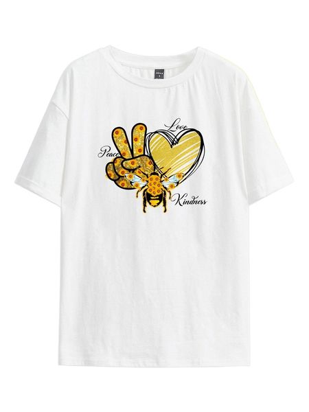 x peace heart & letter graphic drop shoulder tee 88nu#, White