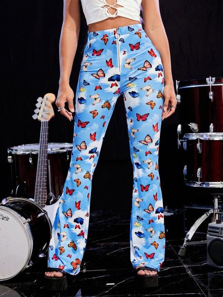 butterfly print tie dye zip fly flare leg pants n76y#, Black;white 
butterfly print tie dye zip fly flare leg pants n76y#, Black;white