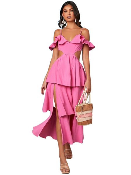 cutout flared layered split thigh cold shoulder cami dress v7xf#, Black;gray 
cutout flared layered split thigh cold shoulder cami dress v7xf#, Black;gray