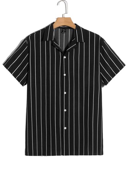 men lapel collar striped print shirt h8r7#, White;black
men lapel collar striped print shirt h8r7#, White;black