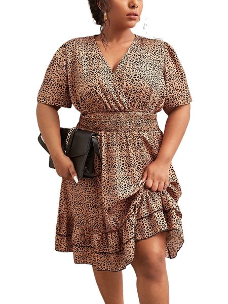 plus allover print puff sleeve shirred waist layered hem dress e93j#, Black
plus allover print puff sleeve shirred waist layered hem dress e93j#, Black