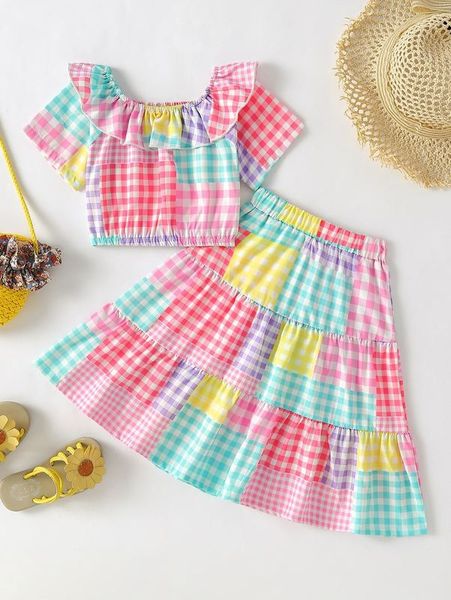 toddler girls gingham print colorblock ruffle trim & skirt she, White 
toddler girls gingham print colorblock ruffle trim & skirt she, White