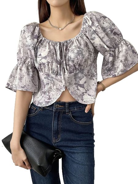 dazy floral print flounce sleeve knot front asymmetrical hem crop blouse c6da#, White
dazy floral print flounce sleeve knot front asymmetrical hem crop blouse c6da#, White