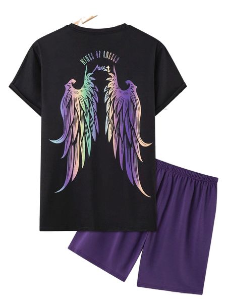 men letter & wing print tee & drawstring waist shorts i3o9#, Gray
men letter & wing print tee & drawstring waist shorts i3o9#, Gray