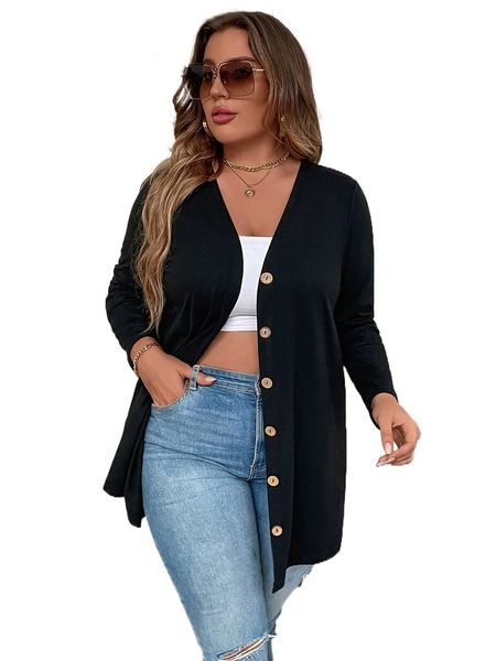 plus button front coat j7ke#, Black
