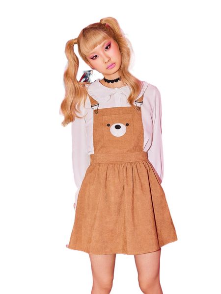 romwe kawaii cartoon graphic corduroy pocket pinafore dress d2pf#, Black;gray 
romwe kawaii cartoon graphic corduroy pocket pinafore dress d2pf#, Black;gray