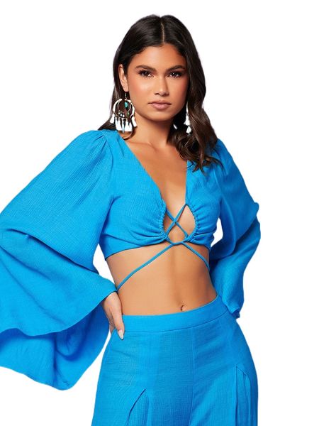 crisscross tie back bell sleeve r1fg#, White
crisscross tie back bell sleeve r1fg#, White