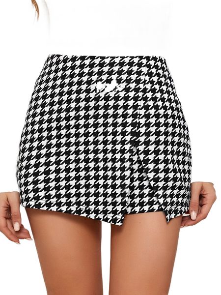 wrap front houndstooth skort s6uu#, White;black