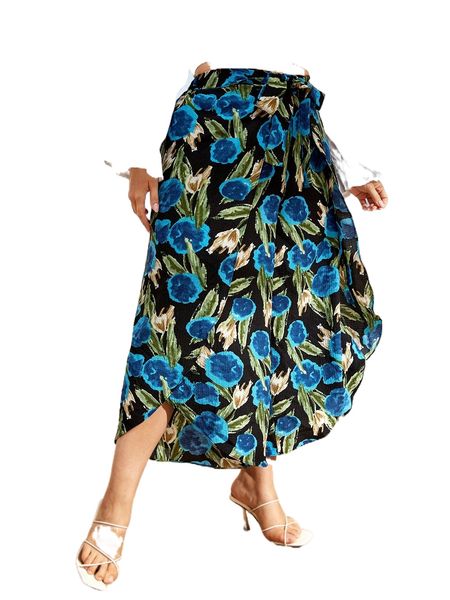 plus allover floral print wrap hem belted wide leg pants e6ye#, Black
plus allover floral print wrap hem belted wide leg pants e6ye#, Black