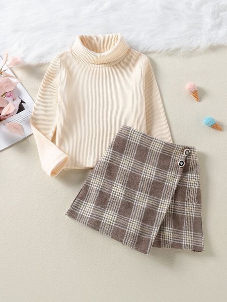 toddler girls ribbed high neck tee & plaid print shorts she, White 
toddler girls ribbed high neck tee & plaid print shorts she, White