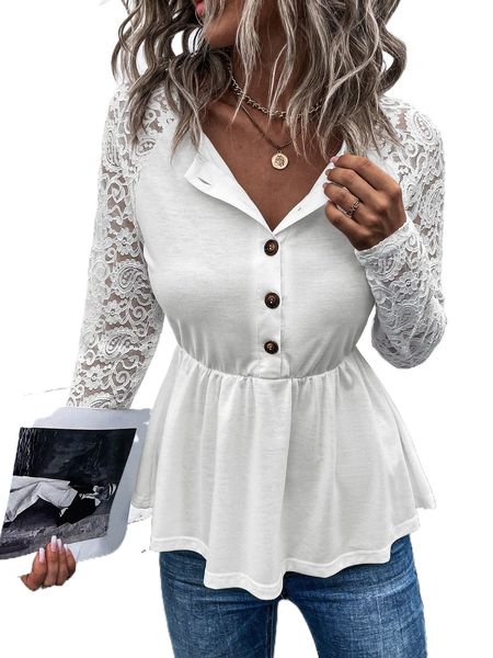 contrast lace button front peplum z85q#, White 
contrast lace button front peplum z85q#, White