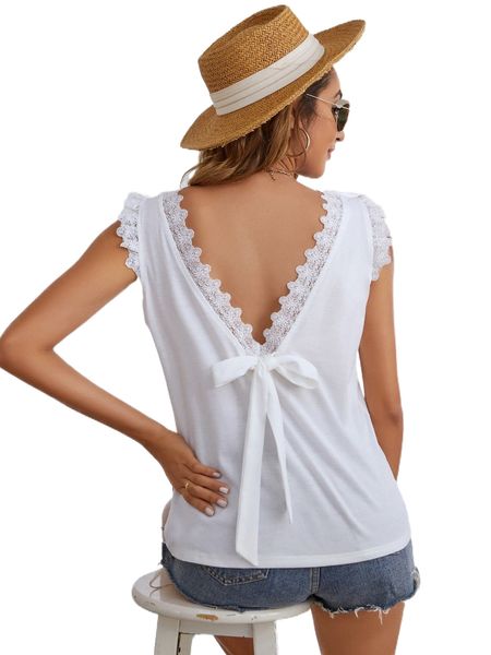 contrast lace tie back tank h0sl#, White