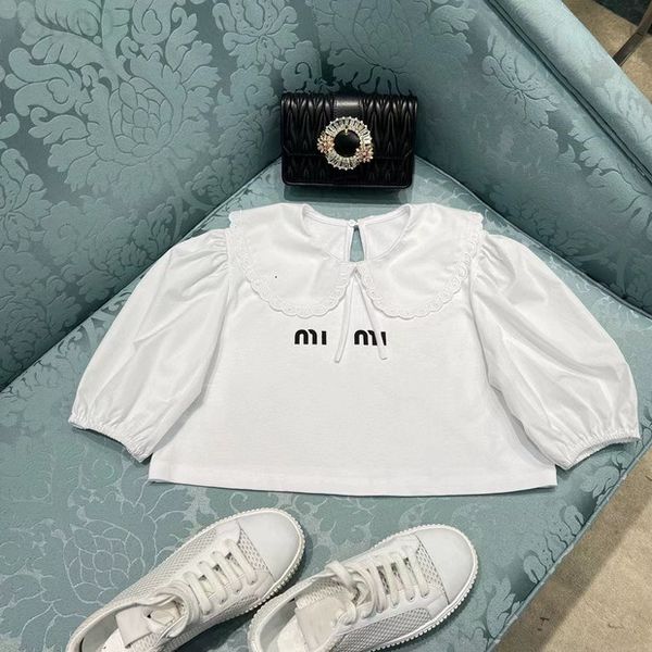 women's t-shirt designer miu miao 22 spring / summer new alphabet print embroidery doll collar bow tie decorative bubble sleeve short t, White
women's t-shirt designer miu miao 22 spring / summer new alphabet print embroidery doll collar bow tie decorative bubble sleeve short t, White