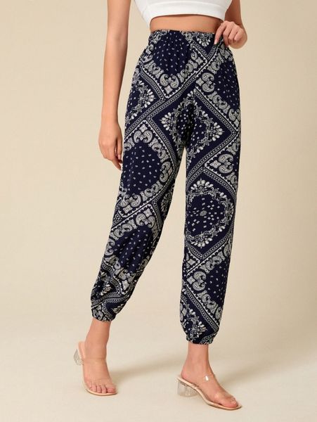 paisley and scarf print pants p6oe#, Black;white
