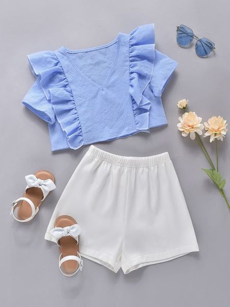 girls ruffle trim blouse & shorts she, White