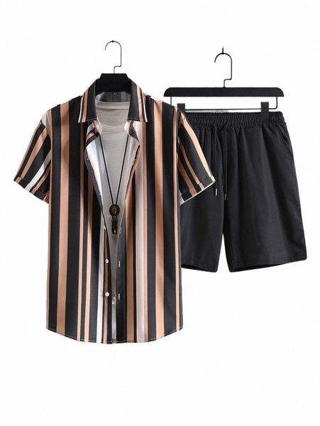 men striped shirt & solid shorts without tee d85s#, Gray 
men striped shirt & solid shorts without tee d85s#, Gray